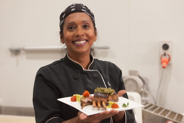 Dee presenting Lamb with pesto and veggies